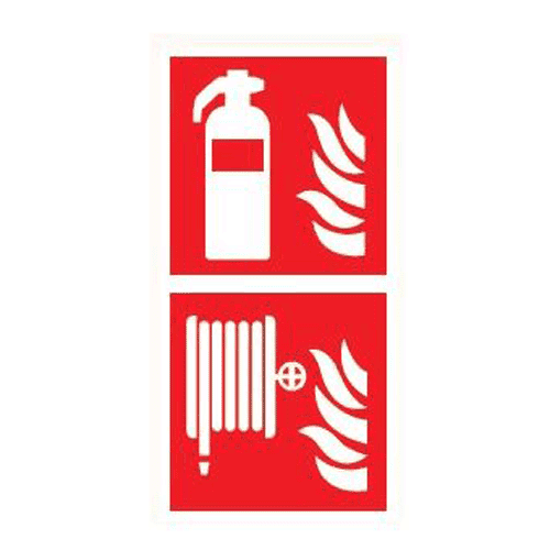 Panoramic sign - reel, extinguisher, flame pictogram